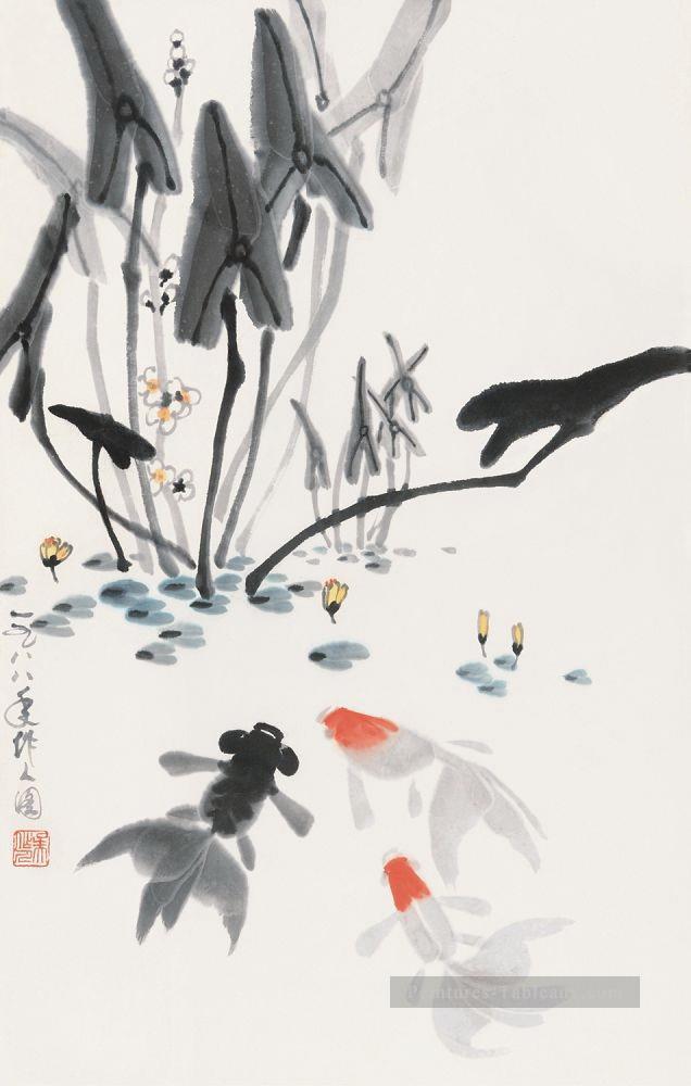 Wu zuoren jouant du poisson 1988 Peintures à l'huile
